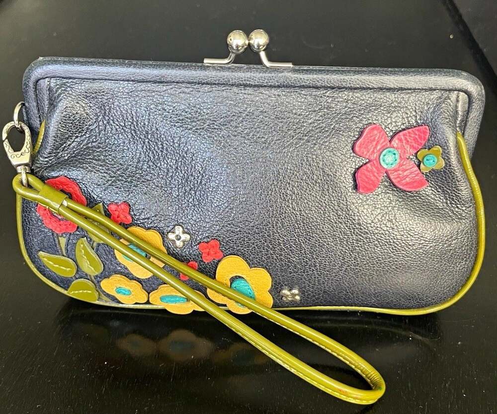 Brighton Vintage Twyla Kiss-Lock Wristlet/Clutch Blue w/Floral Appliqué